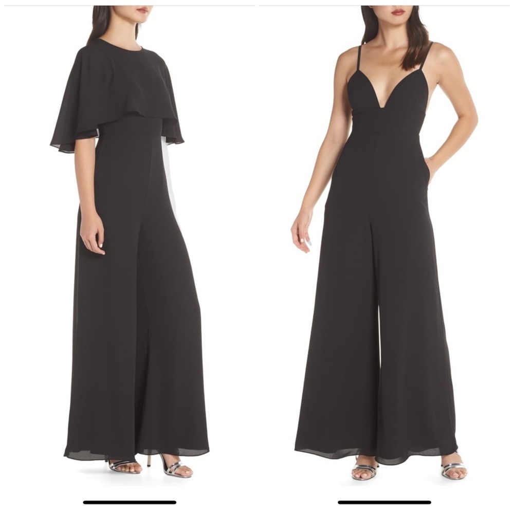 NEW FAME AND PARTNERS Georgette Cape Black Jumpsuit Wide Leg Size 4 Sise Small